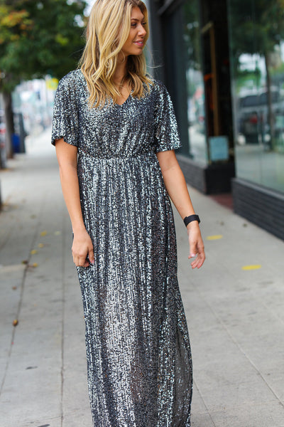 Black Silver Sequin Flutter Sleeve Side Slit Maxi Dress - Sybaritic Bags & Clothing