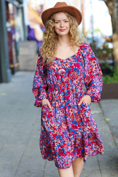 Take The Leap Magenta Floral Print Midi Dress - Sybaritic Bags & Clothing