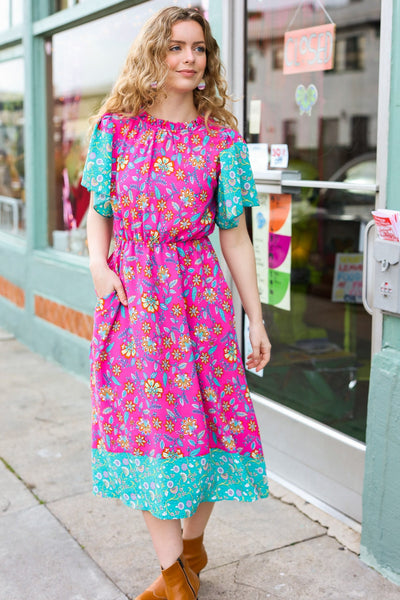 Charming Fuchsia & Mint Floral Frill Mock Neck Flutter Sleeve Midi Dress - Sybaritic Bags & Clothing