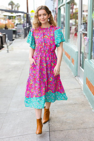 Charming Fuchsia & Mint Floral Frill Mock Neck Flutter Sleeve Midi Dress - Sybaritic Bags & Clothing