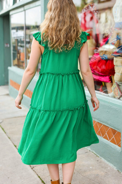 Lots To Love Kelly Green Smocked Flutter Sleeve Tiered Midi Dress - Sybaritic Bags & Clothing