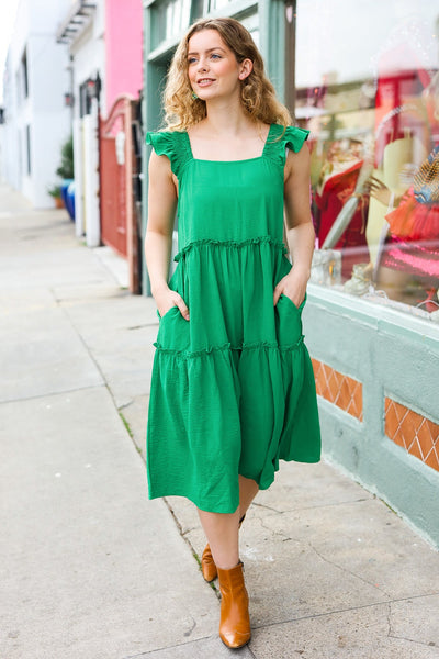 Lots To Love Kelly Green Smocked Flutter Sleeve Tiered Midi Dress - Sybaritic Bags & Clothing