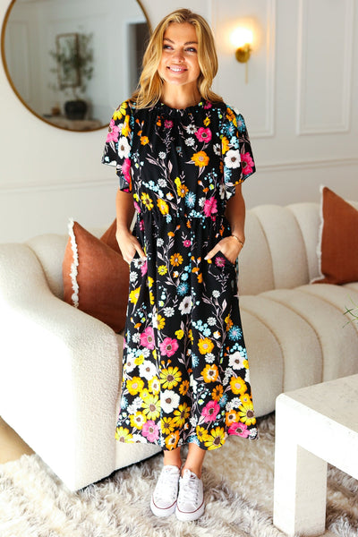 Beautifully You Black Floral Frill Mock Neck Flutter Sleeve Midi Dress - Sybaritic Bags & Clothing
