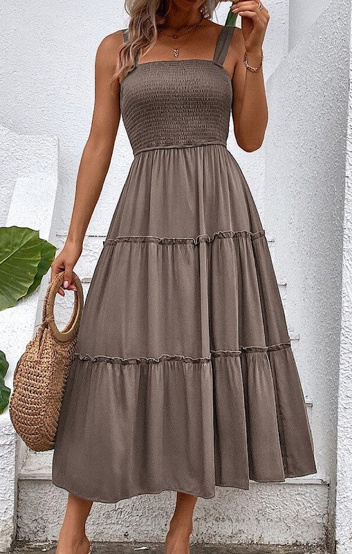 brown smocked midi dress Trendy Smocked Midi Dress for Effortless Style