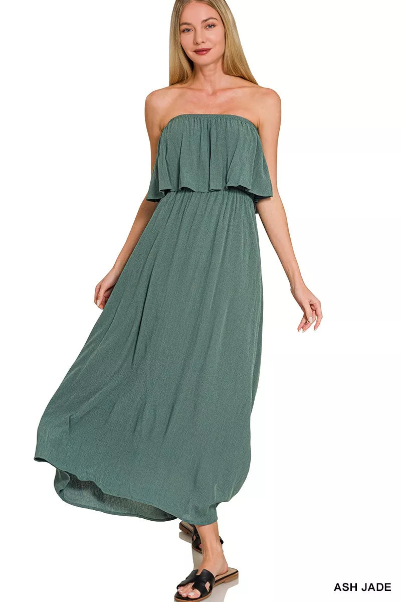 Zenana Woven Crinkle Strapless Maxi Dress ASH JADE / M