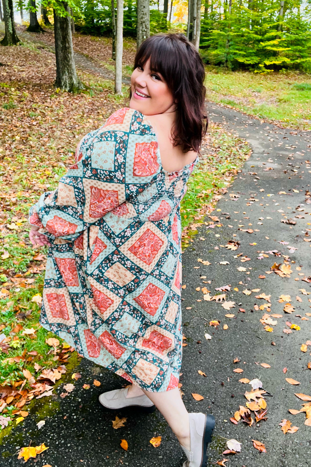 Join Me Later Rust/Teal Boho Smocked Woven Midi Dress - Sybaritic Bags & Clothing