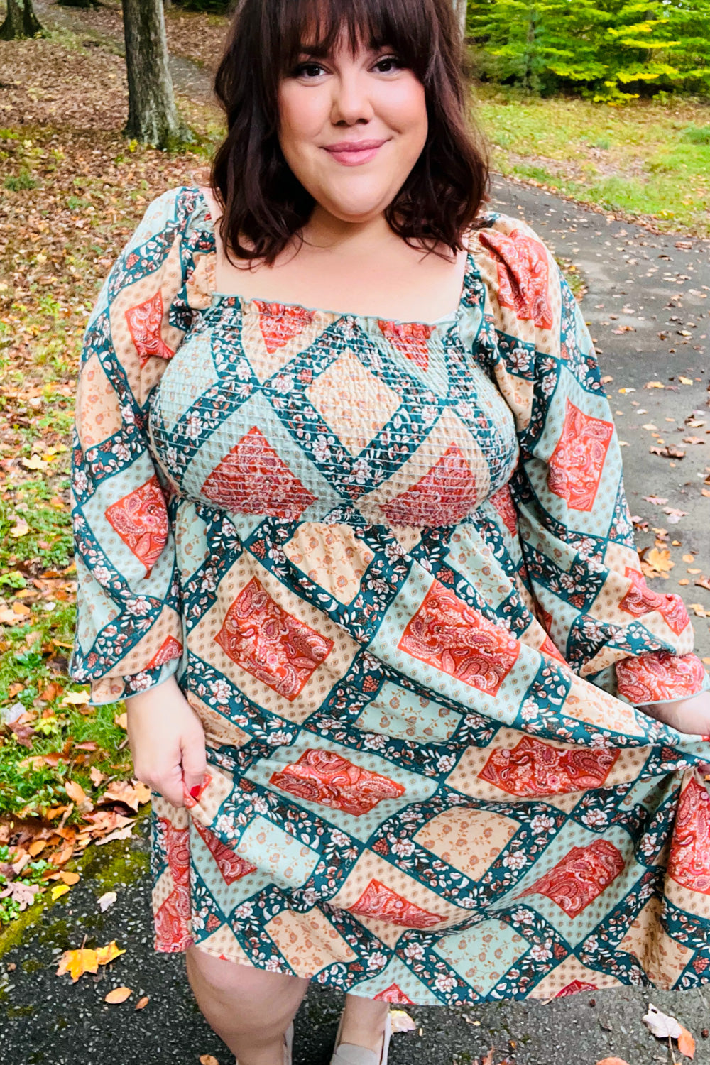 Join Me Later Rust/Teal Boho Smocked Woven Midi Dress - Sybaritic Bags & Clothing