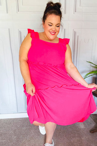 Lots To Love Fuchsia Smocked Flutter Sleeve Tiered Midi Dress - Sybaritic Bags & Clothing