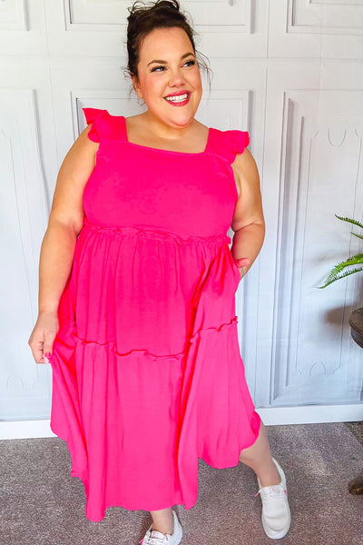 Lots To Love Fuchsia Smocked Flutter Sleeve Tiered Midi Dress - Sybaritic Bags & Clothing