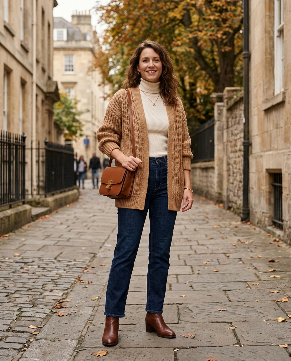 Woman wearing a camel cardigan, straight-leg jeans, and ankle boots for fall
