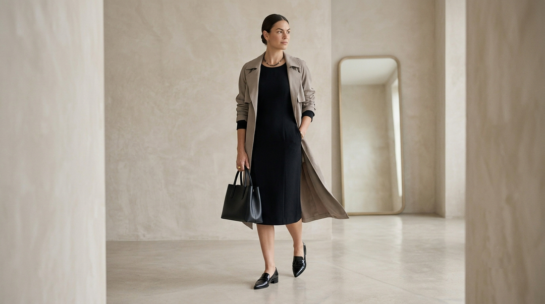 Woman wearing a black dress with coordinated shoes, jacket and accessories
