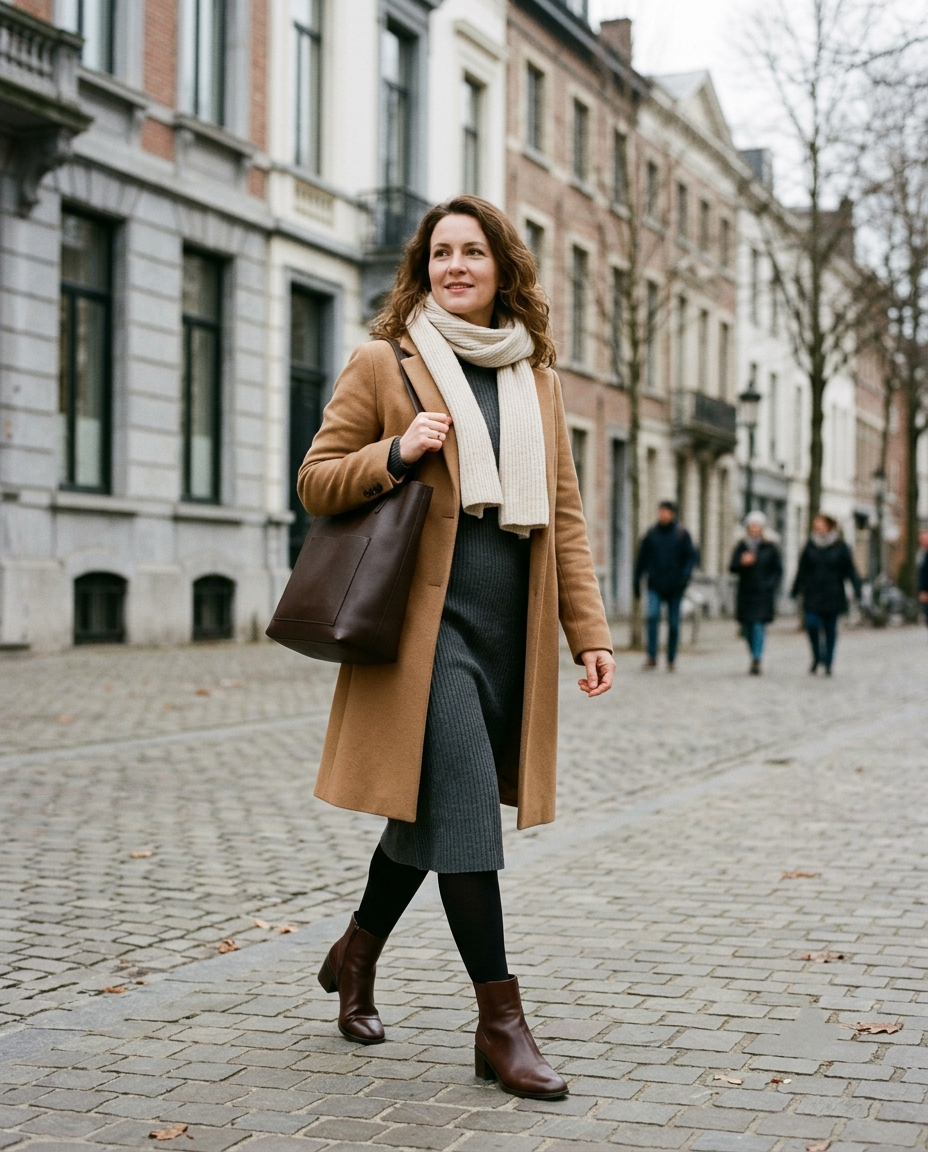 Woman wearing a knit midi dress, long wool coat, tights, and ankle boots in winter