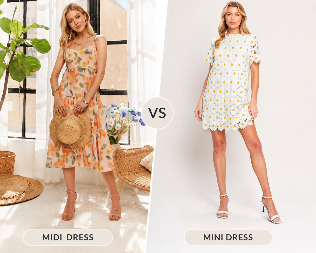 Midi vs mini dress comparison showing different dress lengths