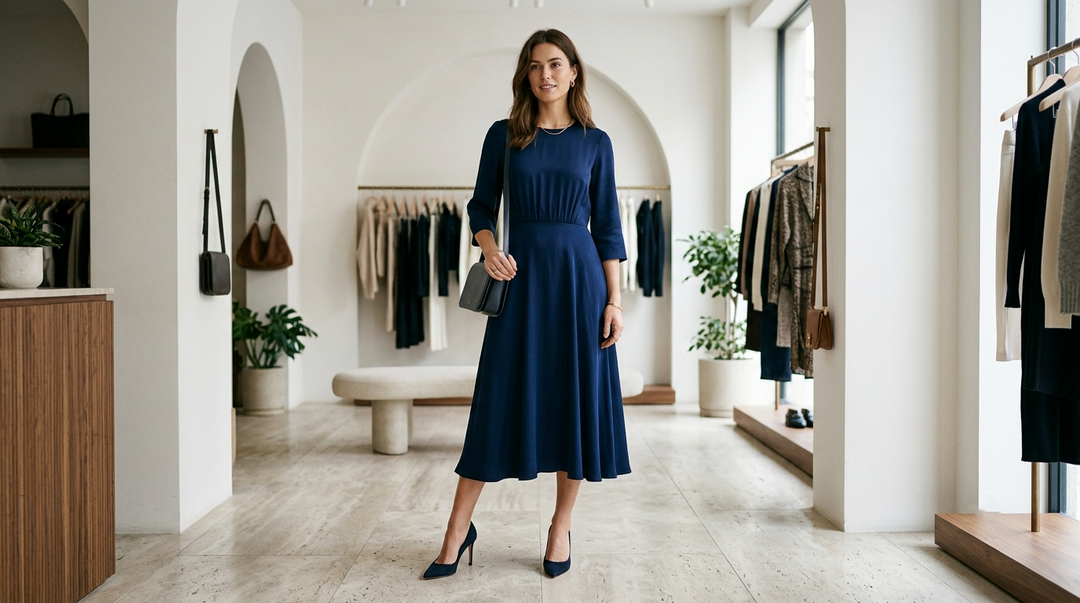 Woman wearing a midi dress with polished shoes that complement the mid-calf hemline