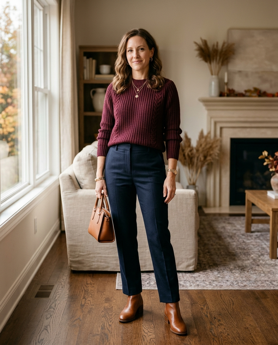 Woman wearing a burgundy knit sweater, tailored trousers, and ankle boots for Thanksgiving