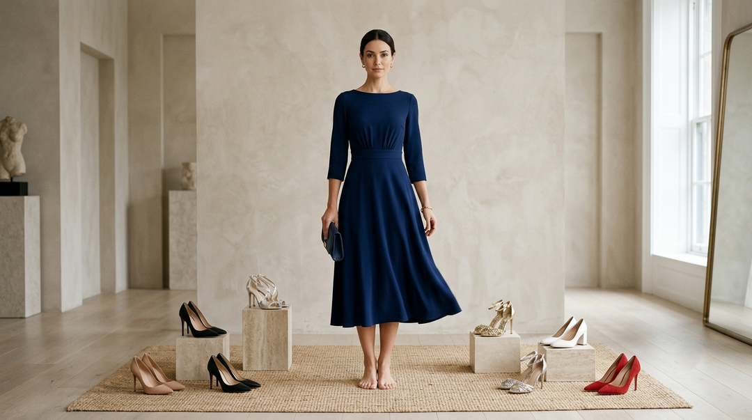 Woman wearing a navy dress styled with neutral and metallic shoes