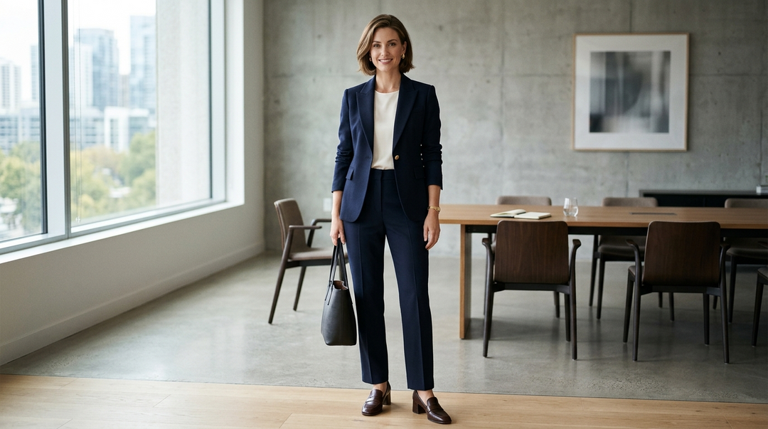 Woman wearing a tailored blazer and trousers for a professional business meeting