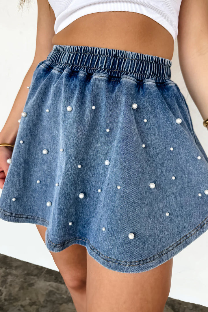 Ashleigh Blue Denim Pearl Embellished Elastic Waist Mini Skort
