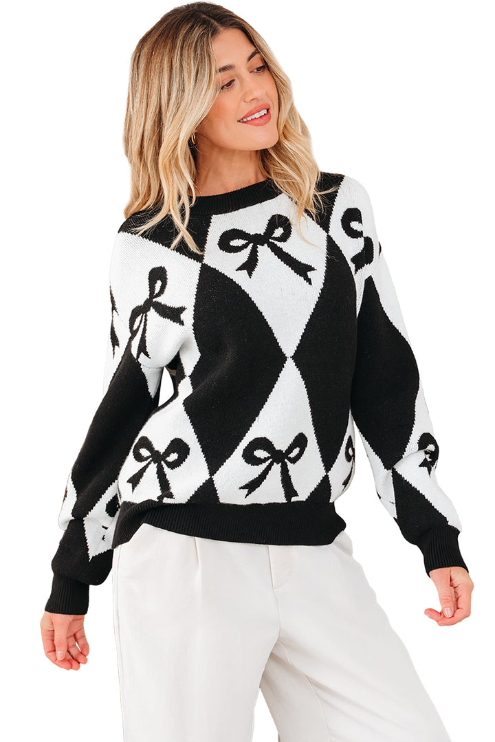 Black Bow Print 2-tone Rhombus Knit Loose Sweater