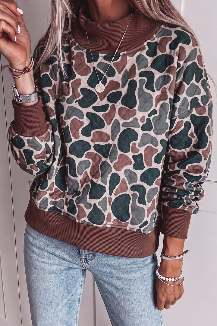 Multicolour Camouflage Print Quilted Contrast Ribbed Mock Neck Sweatshirt