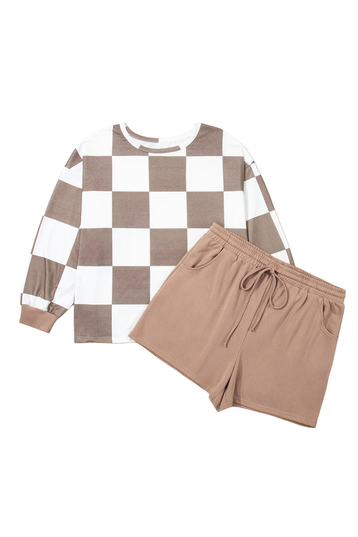 Khaki Checkered Contrast Long Sleeve Top Solid Shorts Plus Size 2pcs Set