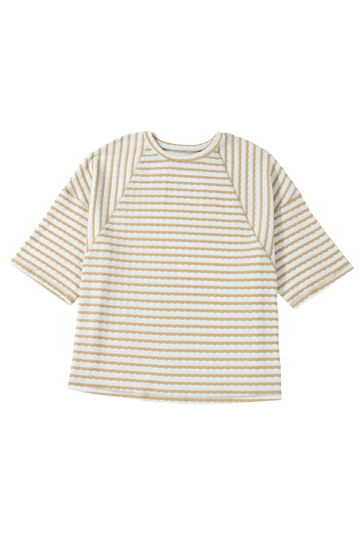 Apricot Stripe Plus Size Textured Patchwork Detail Half Sleeve Top