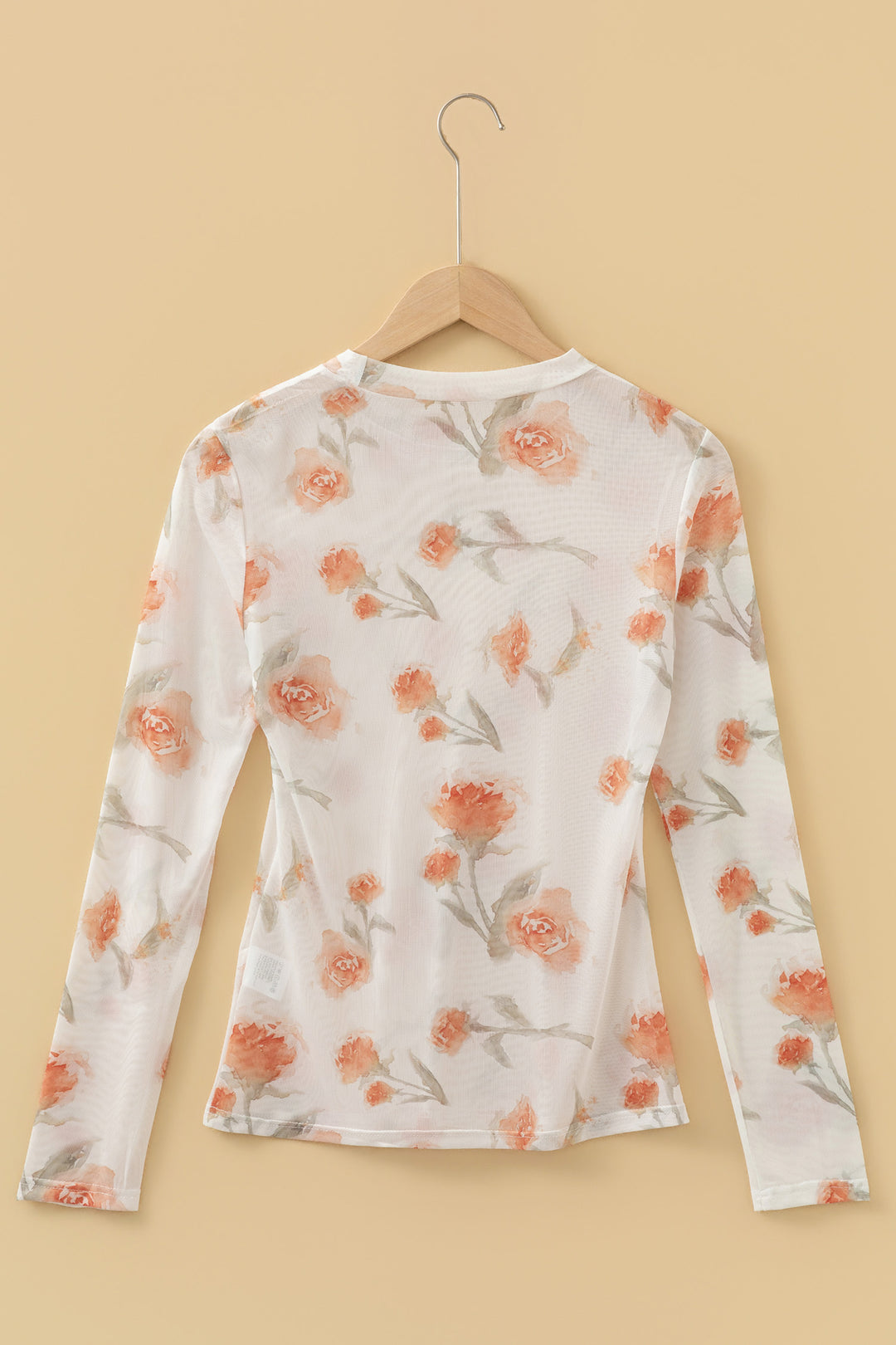 Red Plus Size Floral Print Sheer Mesh Long Sleeve Top