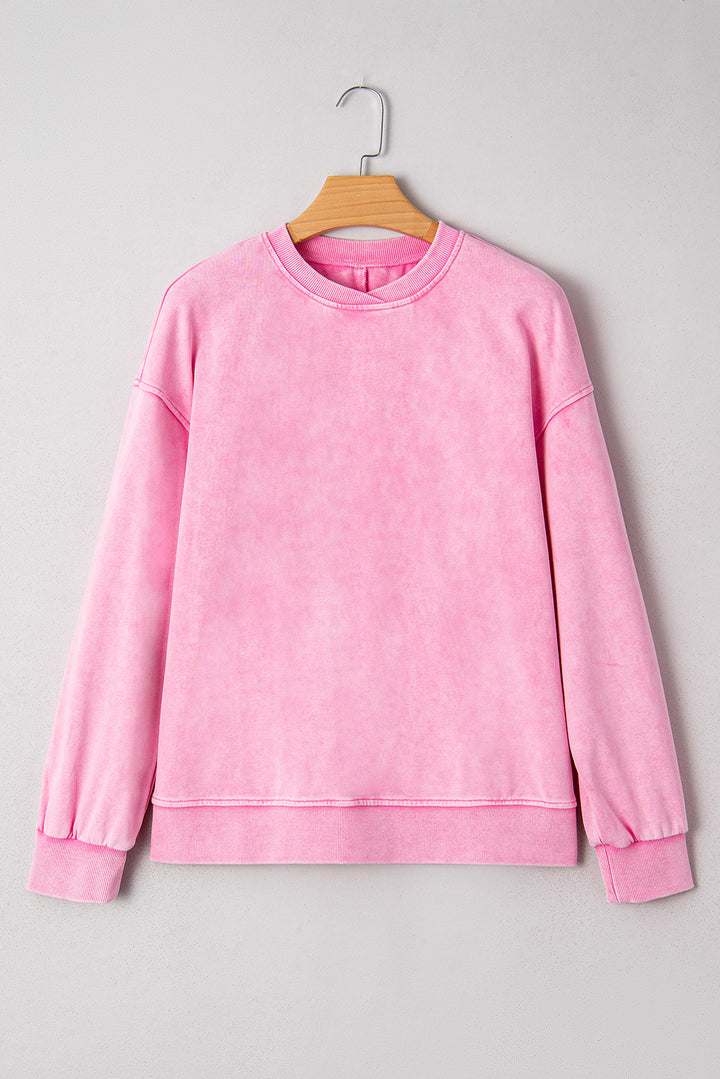 Bright Pink Mineral Wash Crossed Crew Neck Drop Shoulder Loose Sweatshirt