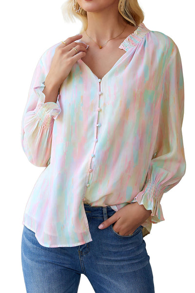 Multicolor Abstract Print Frilled Buttoned Long Sleeve Shirt