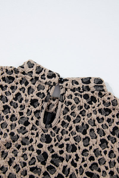 Khaki Animal Print Ruffle Sleeve Back Button Top