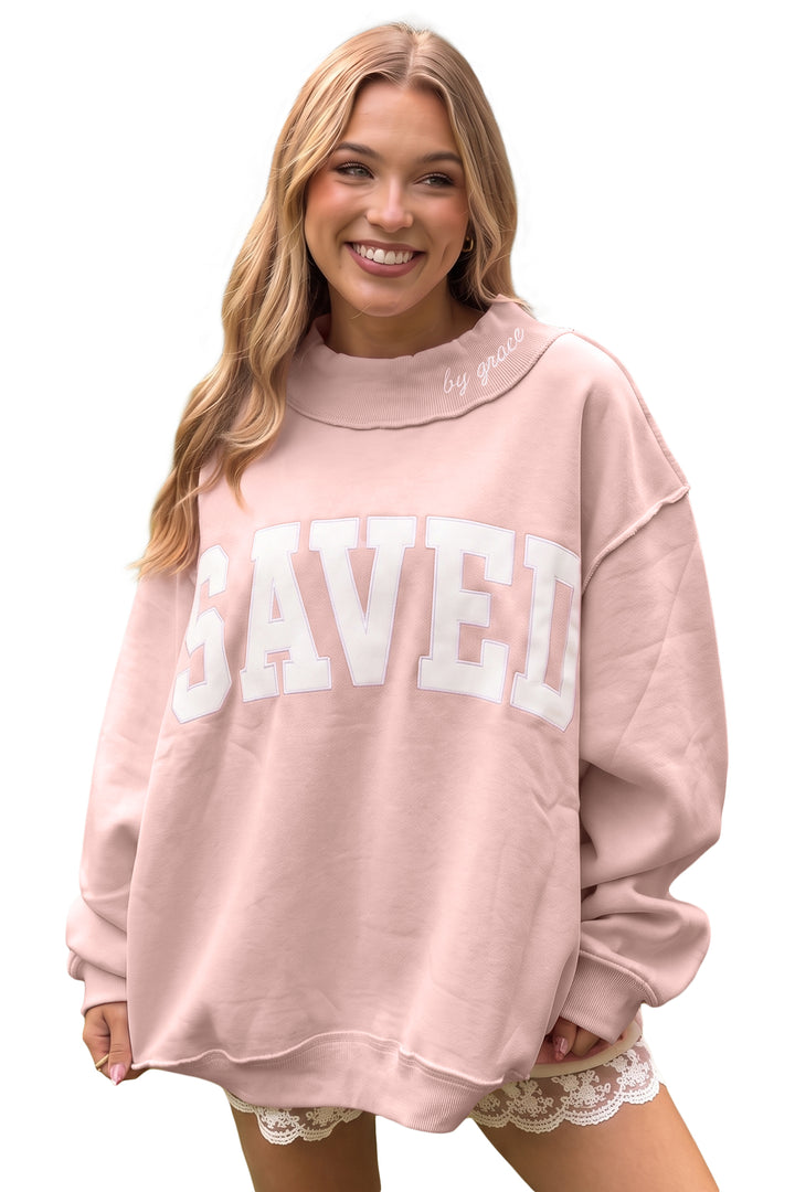 Gray Saved By Grace Embroidered Detail Letter Graphic High Neck Sweatshirt