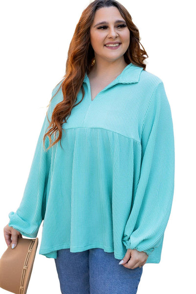 Turquoise Cordrd Balloon Sleeve Collar Plus Babydoll Top