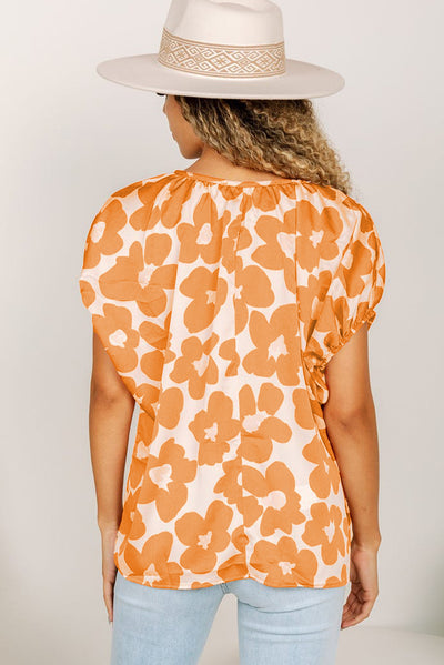 Orange Satin Floral Puff Sleeve Tied Split Neck Top