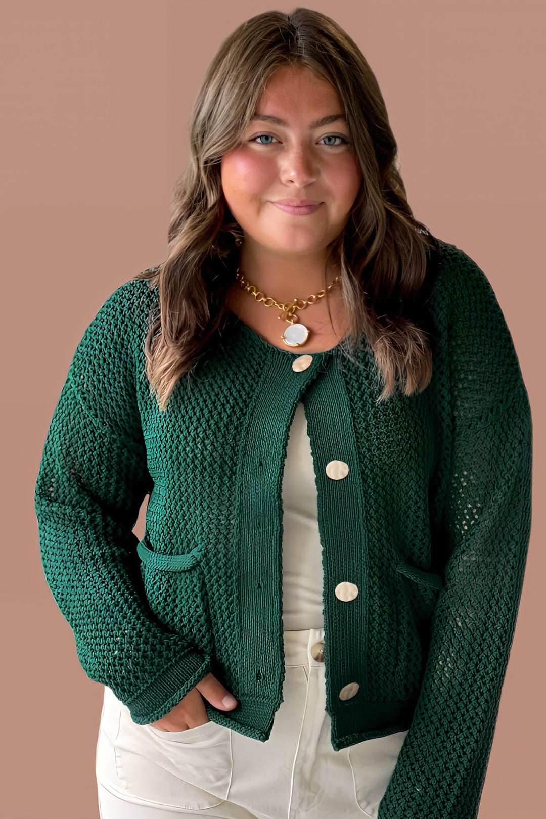Blackish Green Plus Size Golden Accent Buttons Short Sweater Cardigan