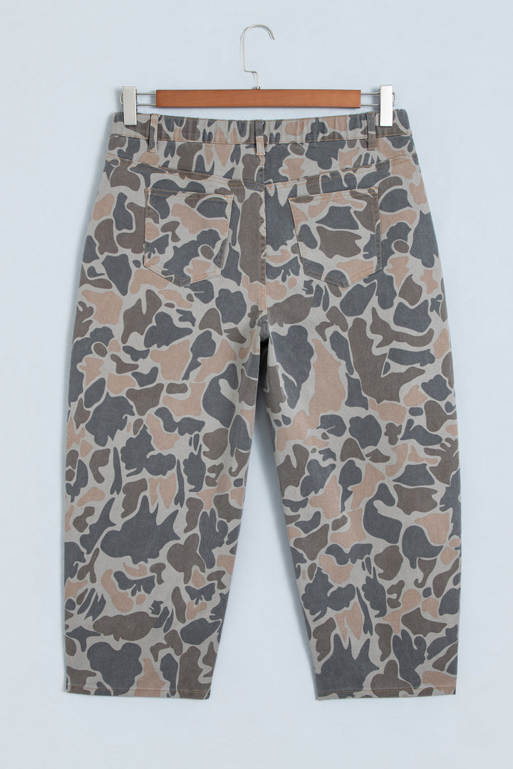 Multicolour Plus Size Camouflage Print High Rise Barrel Jeans