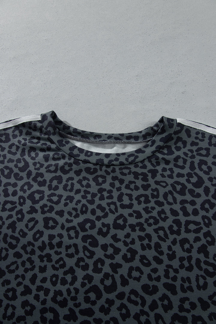 Gray Leopard Print Bracelet Sleeve Top Plus Size Loose Pants Set