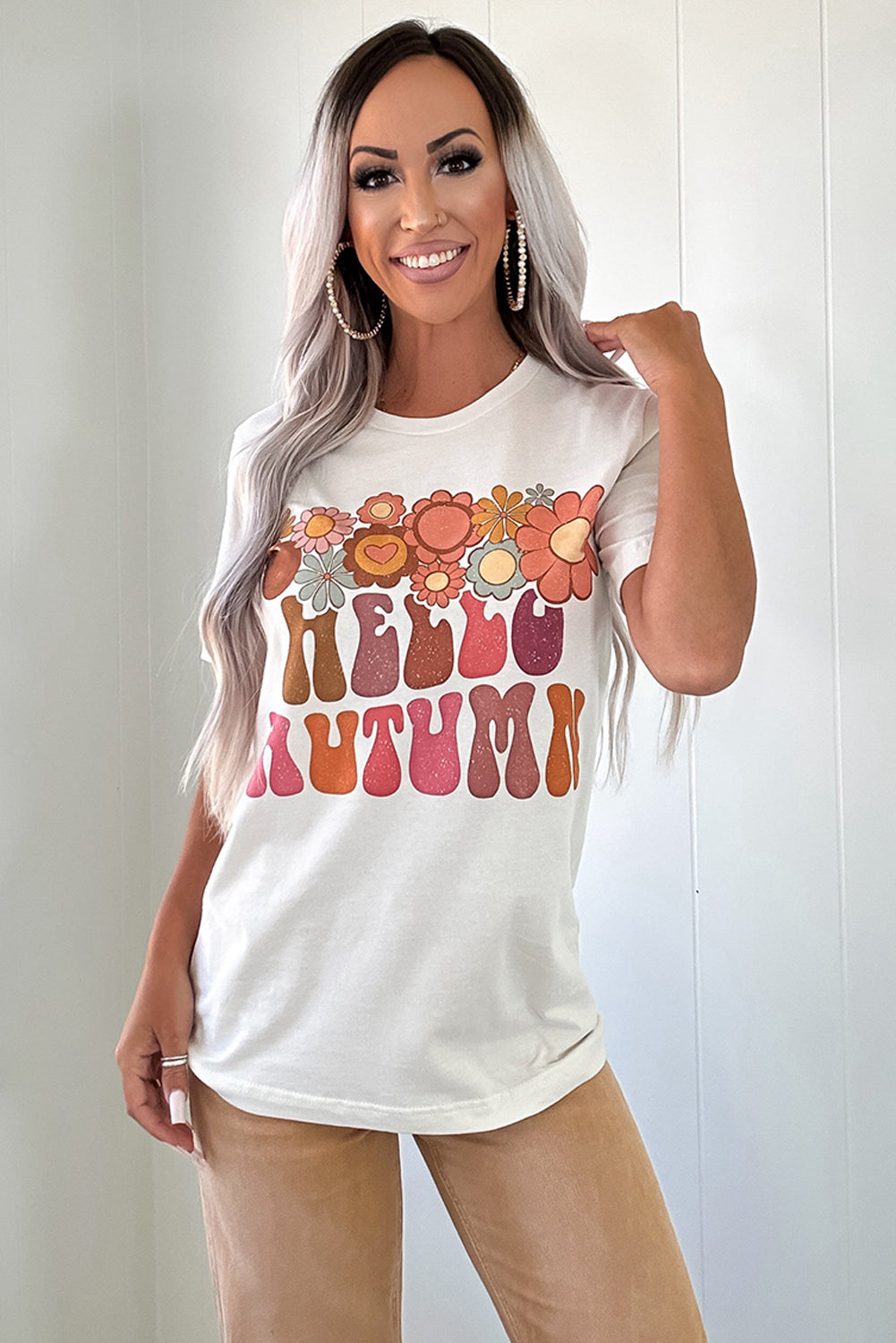 White Floral HELLO AUTUMN Printed Crewneck T Shirt