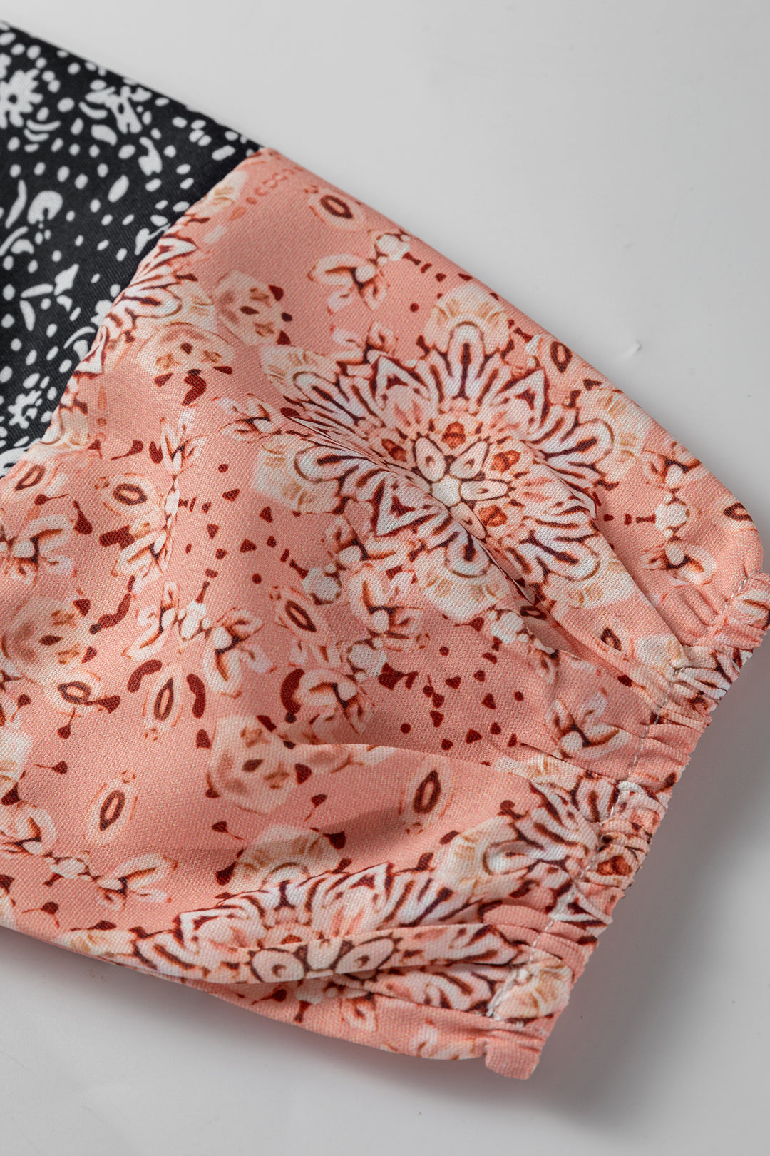 White Floral Patchwork Textured Knit Drawstring V Neck Blouse