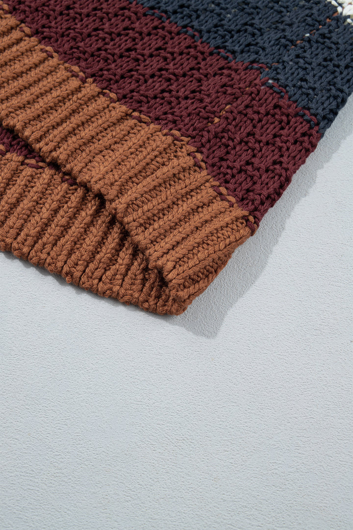 Multicolour Striped Knit Dropped Shoulder Round Neck Pullover Sweater