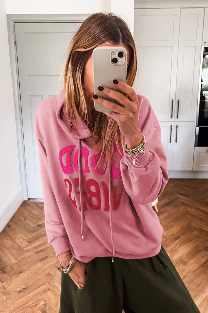 Gossamer Pink GOOD VIBES Chenille Letter Graphic Casual Hoodie