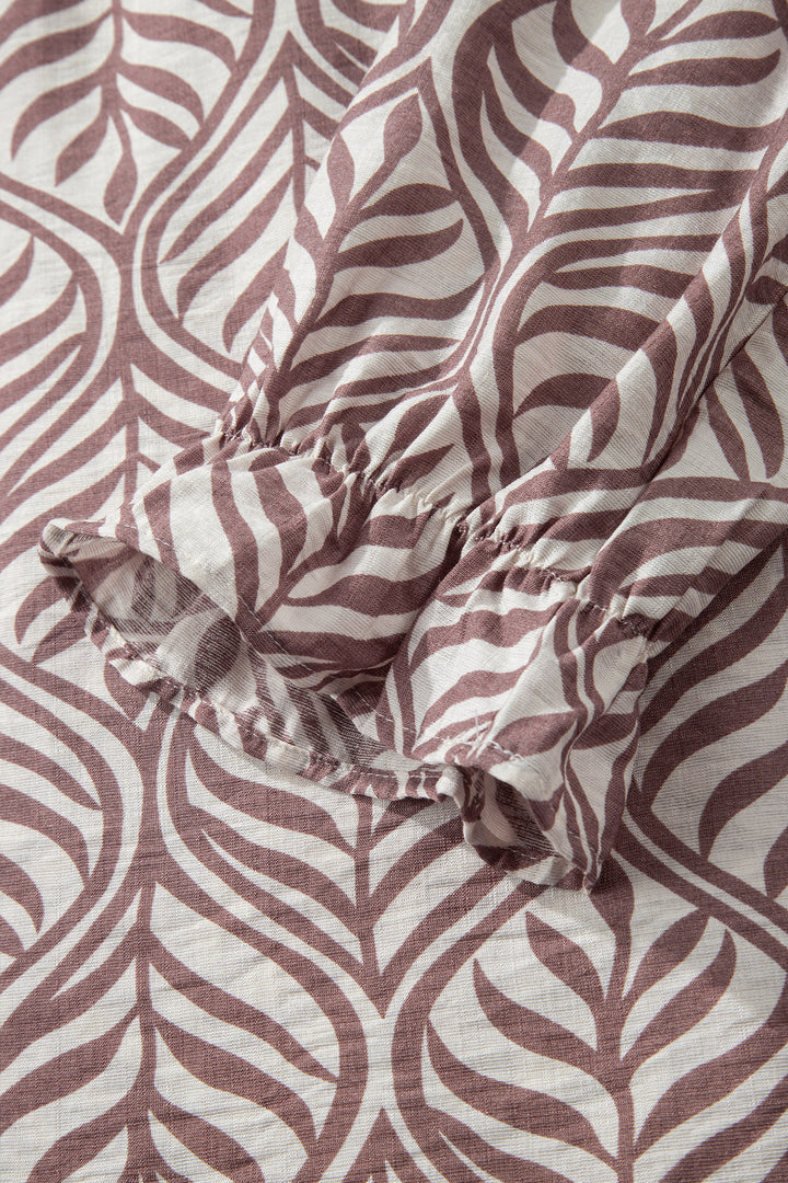 Brown Leaf Print Standing Collar Puff Sleeve Top