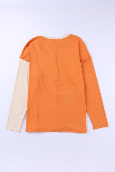 Orange Stripe Color Block Splicing Long Sleeve Henley Top