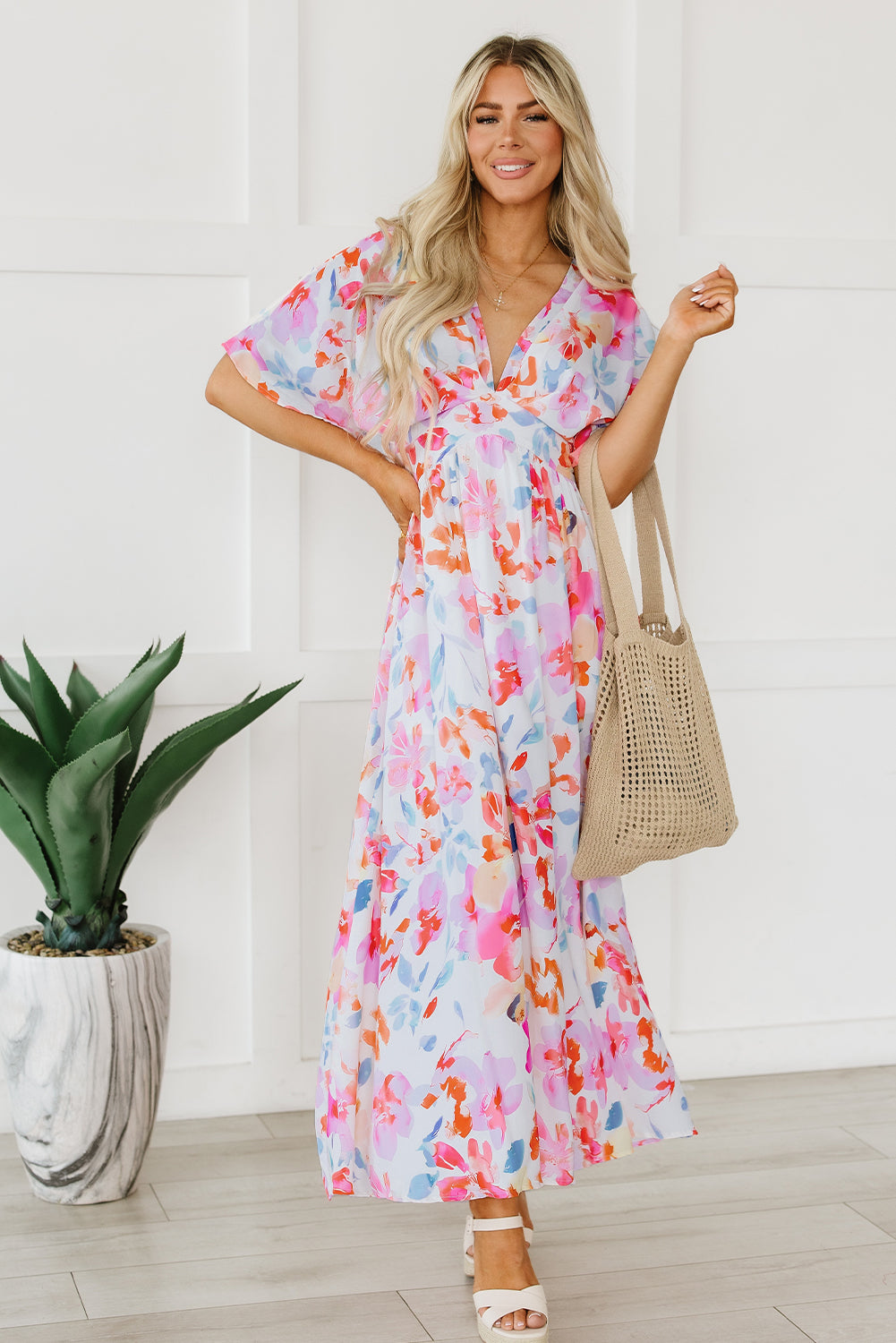 Multicolor Tropical Floral Print Ruched V Neck Maxi Dress