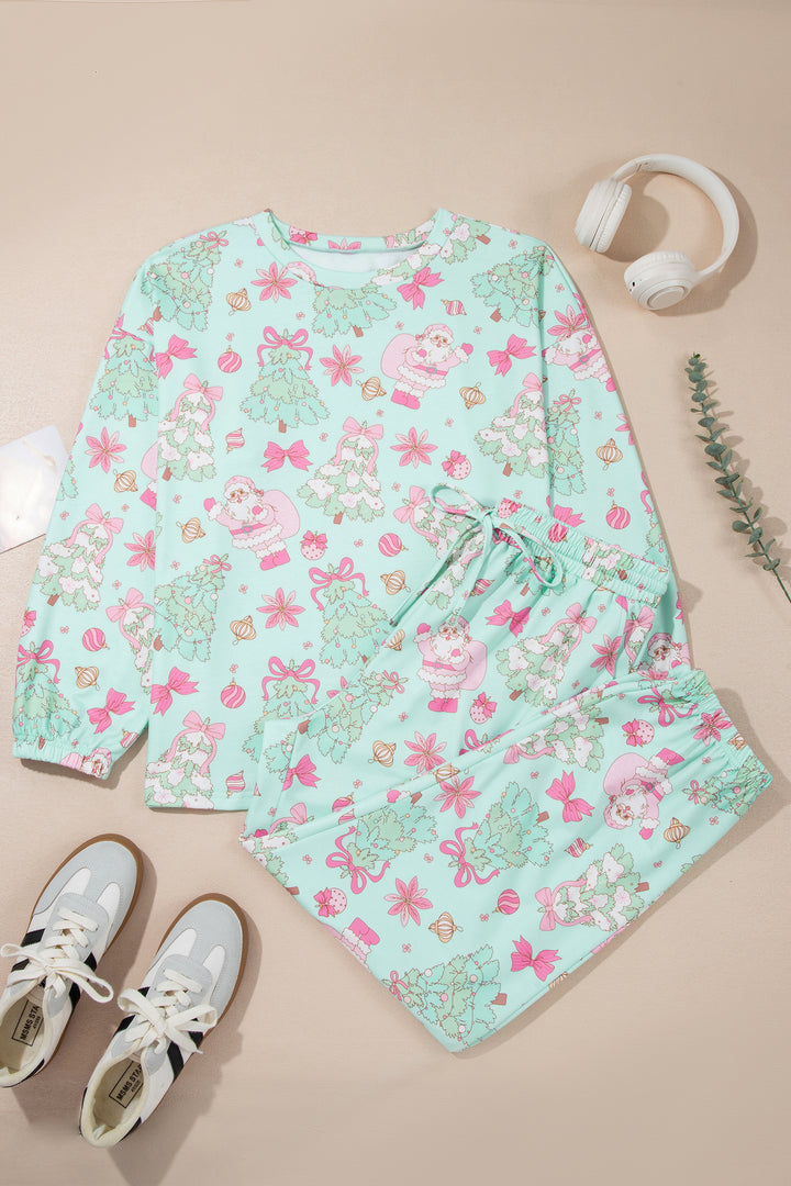 Green Abstract Print Long Sleeve Two Piece Lounge Set