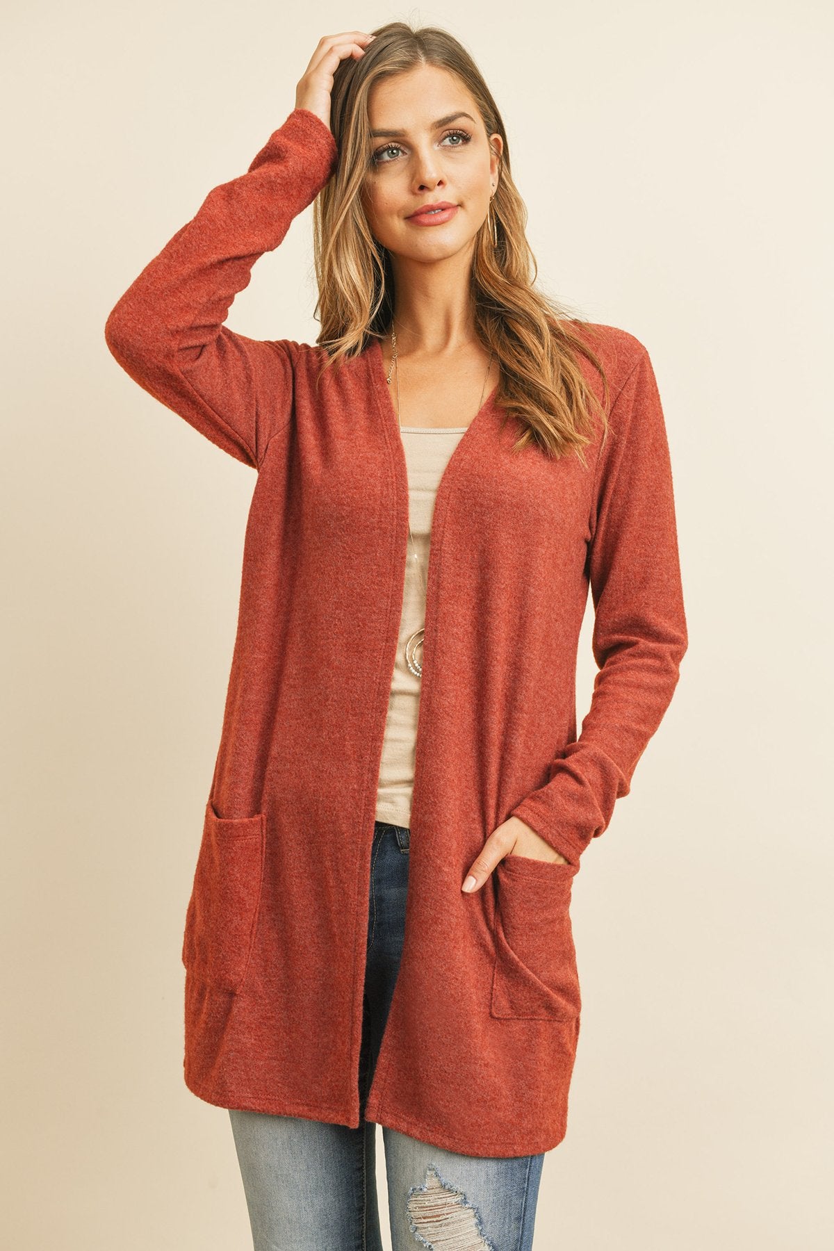 Solid Long Sleeved Open Front Pocket Cardigan