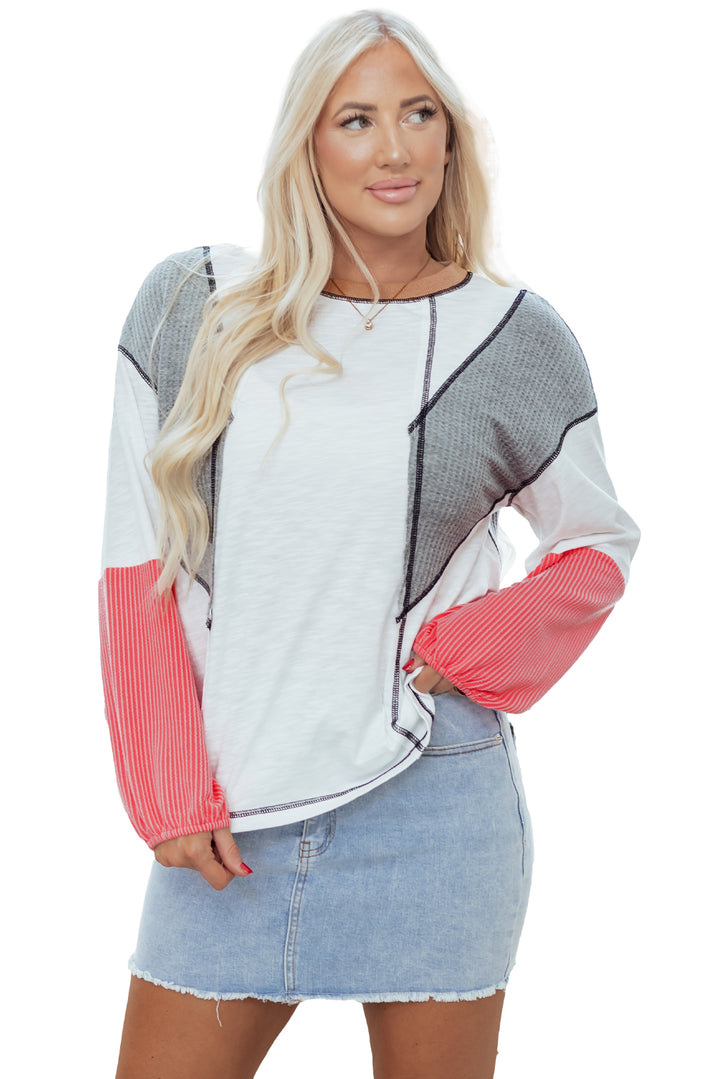 White Contrast Block Mixed Textured Knit Patchwork Casual Top