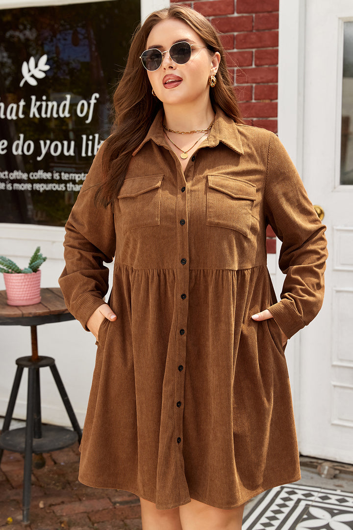 Camel Corduroy Full Buttoned Collared Shirt Style Plus Size Dress
