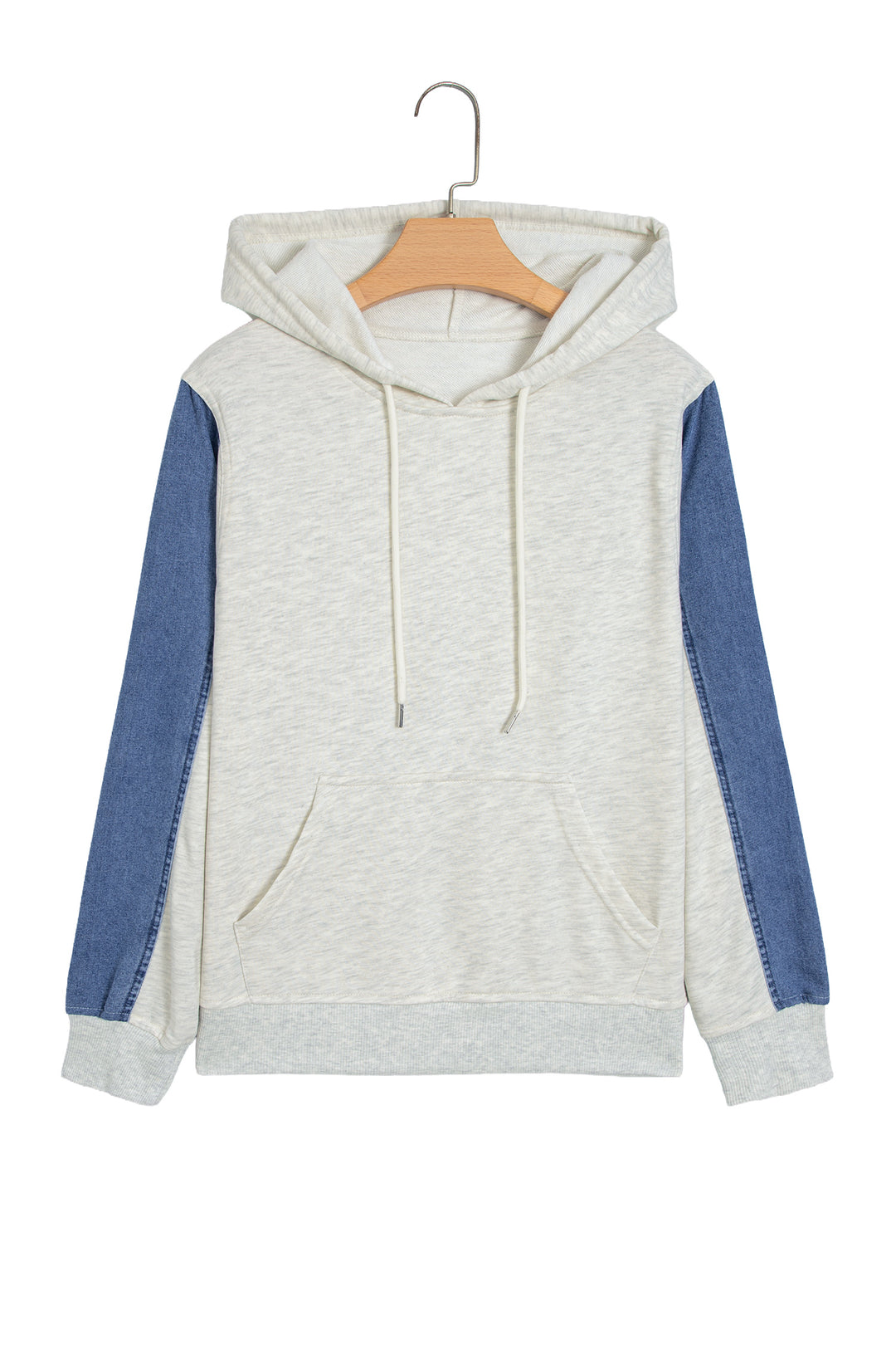 Light Grey Colorblock Denim Sleeve Tunic Pullover Hoodie