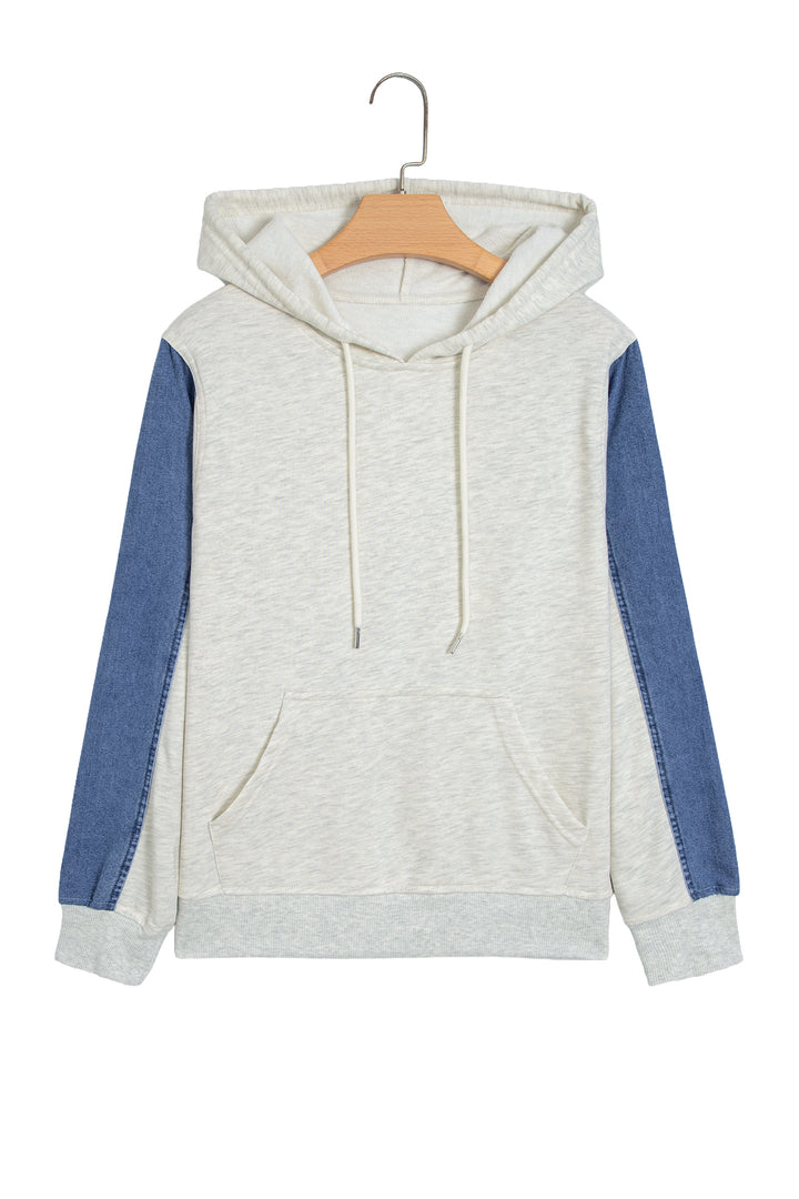 Light Grey Colorblock Denim Sleeve Tunic Pullover Hoodie