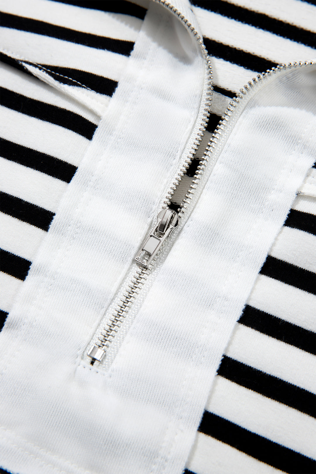 White Stripe Color Block Long Puff Sleeve Metal Zip-Up Collar Top